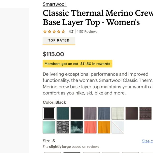 REI Smartwool Classic Thermal Merino Crew Base Layer Top Thermal Knit Long S - Picture 1 of 3